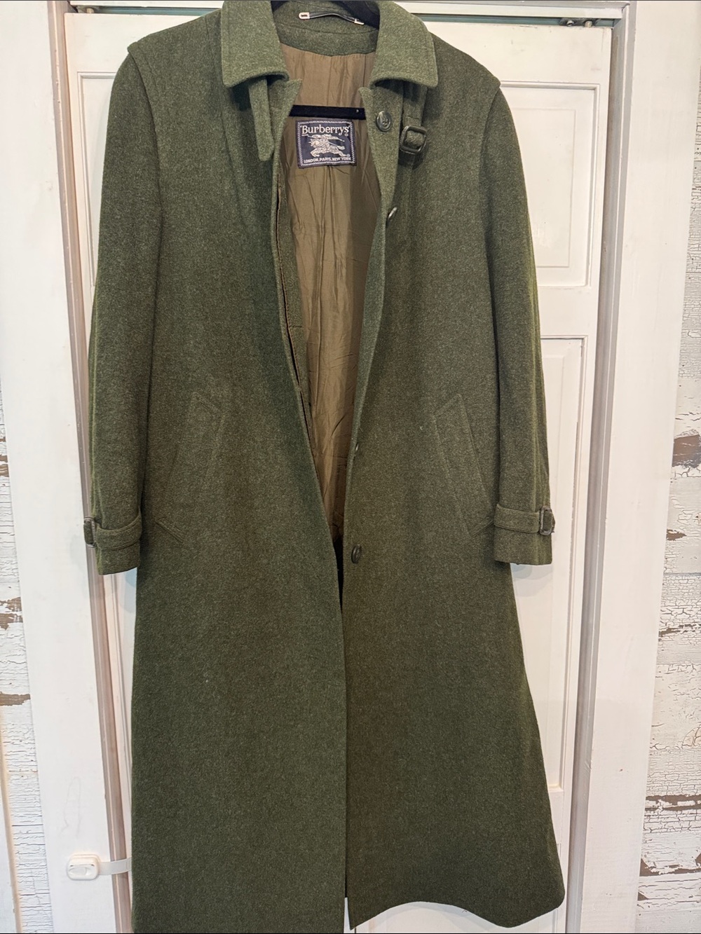 Burberry Olive Wool Long Trench Coat - Men's